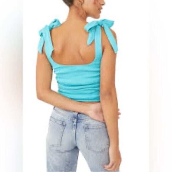 FREE PEOPLE Aqua Boulevard Bow Tie Strap Ruched Sides Tank - Size Small - Picture 2 of 5